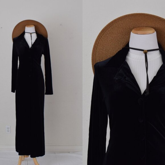Vintage Y2K Black Polyester Velvet Duster Size M - Picture 1 of 9